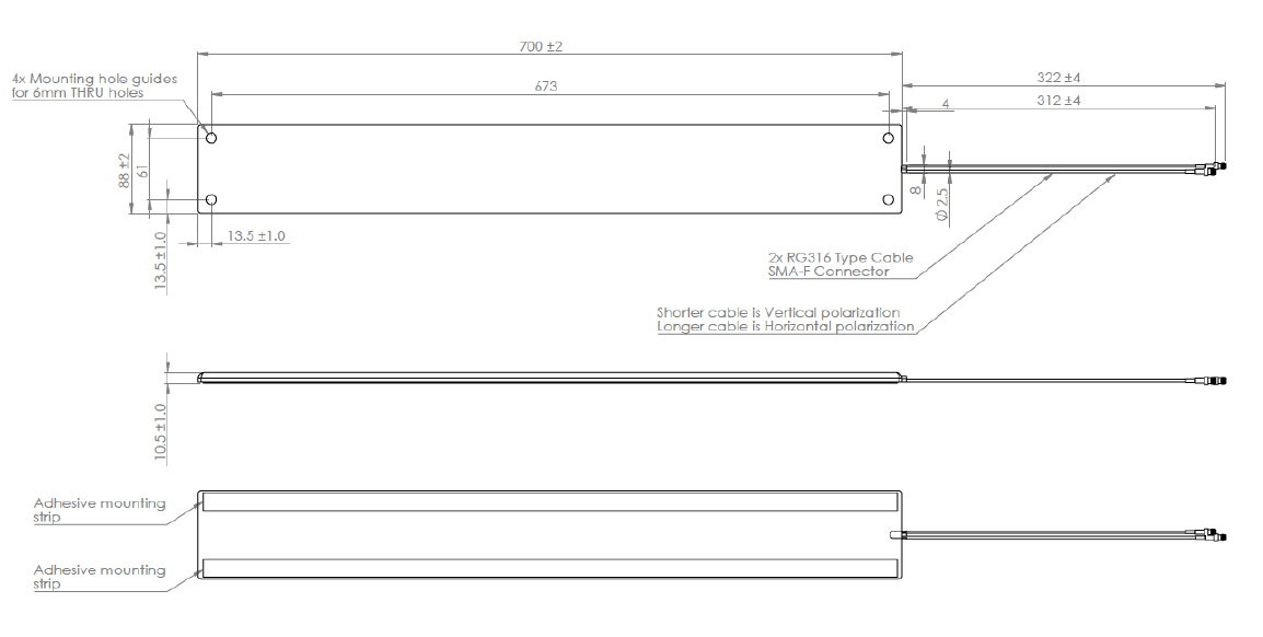 A8065D 雙線性 UHF RFID 天線尺寸圖